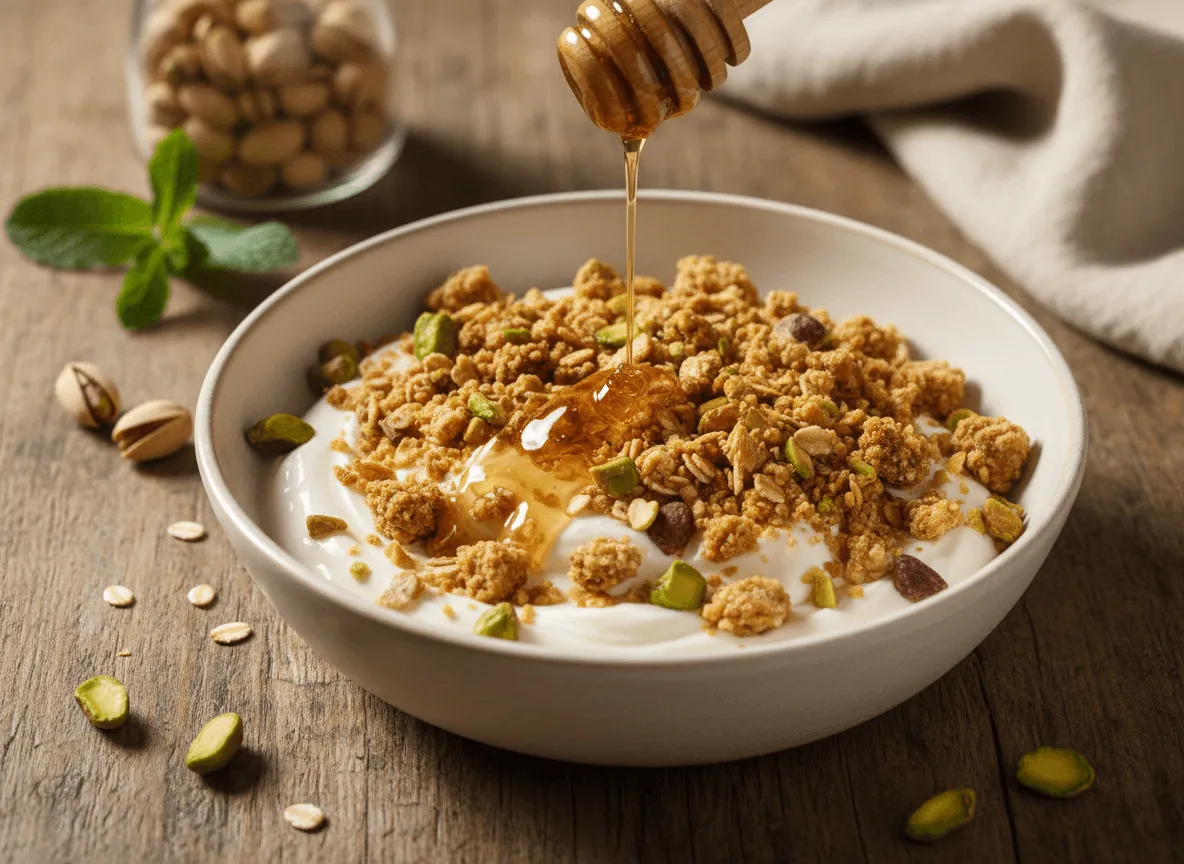 pistachio-crumble-greek-yogurt-bowl-honey-drizzle
