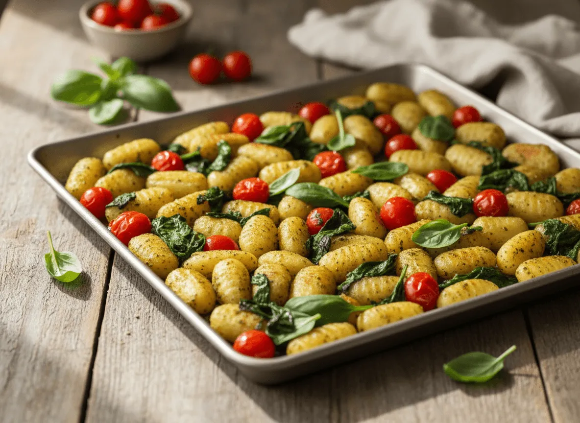 sheet-pan-pesto-gnocchi-cherry-tomatoes-spinach